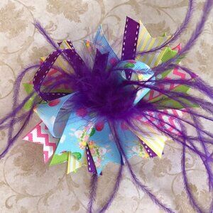 Purple Pink Green Yellow Easter Bunnies Eggs Feather Hair Bow 5"